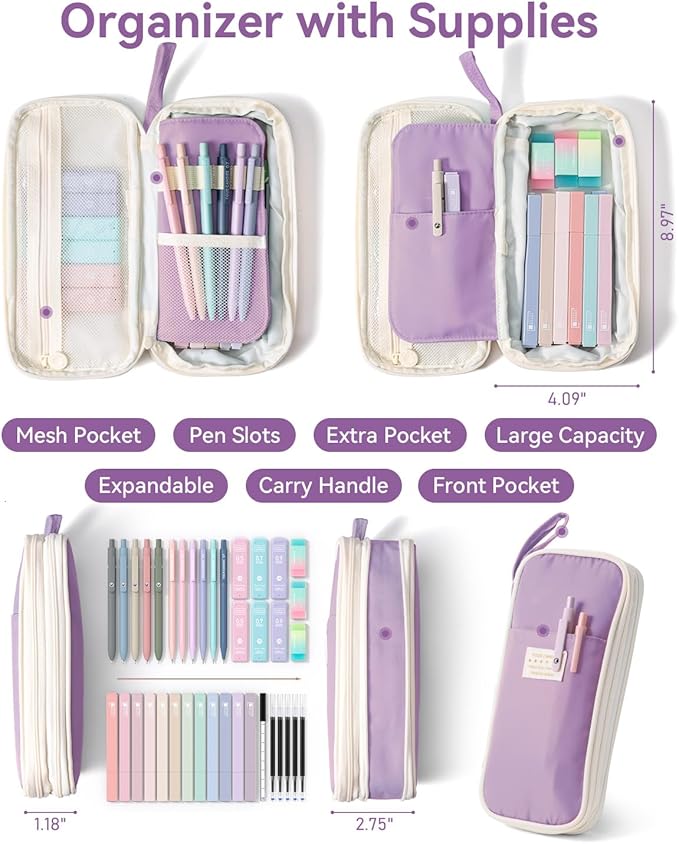 Four Candies School Supplies with Cute Pen Case, 39ct, Purple | Back to School Stationery Set, Essentials for College & Nursing Students, 5 Gel Pens, 6 Mechanical Pencils, 12 Highlighters