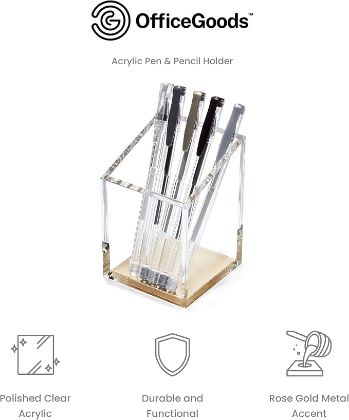 OfficeGoods Acrylic Pen & Pencil Holder - Modern Trapezoid Design - Beautiful Desk Organizer for Home or Office - Contrasting Metal Base - 3" Square w/ 3.5" Front & 4.5" Back - Gold