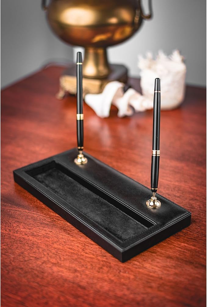 Dacasso Classic Black Leather Double Pen Stand w/Gold Accents - Luxury Executive Decor and Office Desk Surface Protector
