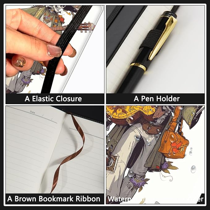 A5 Leather Lined Journal Notebook, 200 Pages Hardcover Executive Notebook for Office School Note Taking,Thick Writing Paper Daily Journal with Bookmarks/Indexes, Skeleton Playing Guitar in Flowers