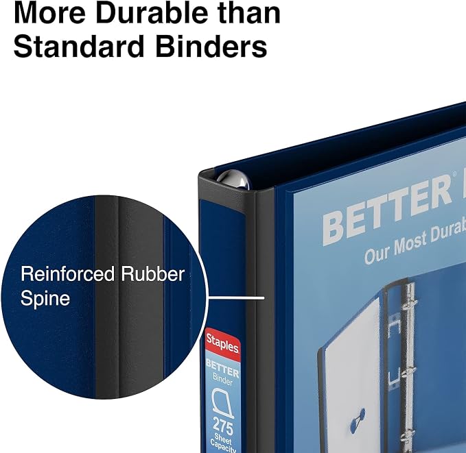 Staples Better Binder 1 Inch 3-Ring Binder, Navy Blue, Wide Spine View Binder with Locking Rings, Durable School & Office Binder, 3 Pack