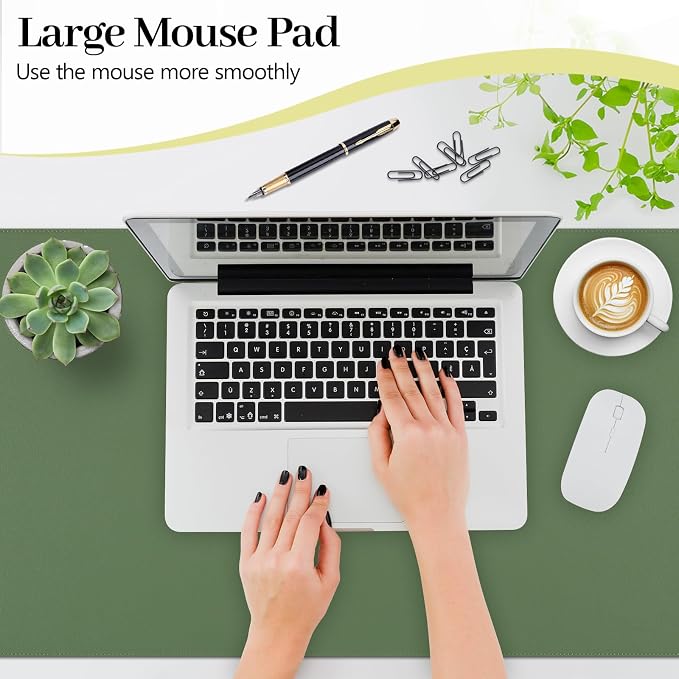 Olive Green Leather Desk Mat Large Mouse Pad, Waterproof Desk Pad for Keyboard and Mouse, Non-Slip Computer Desk Protector, Smooth Mouse Movement Desk Mat for Home and Office(35.4"×17")