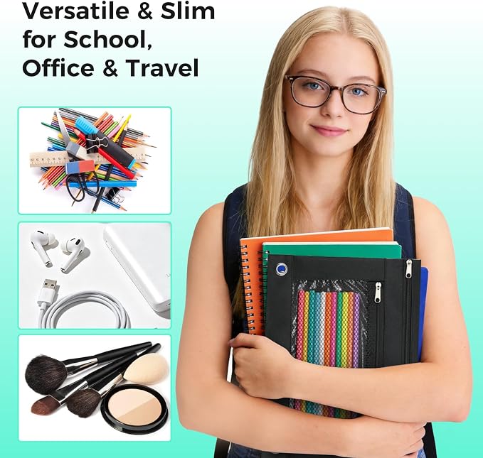 Pencil Pouch for 3 Ring Binder, Pencil Case with Zipper, 600D Fabric Pencil Pouch Bag Holder Accessories, Clear Window Pencil Case Aesthetic Back to School Organizer Pockets for Boy Girl (Black)