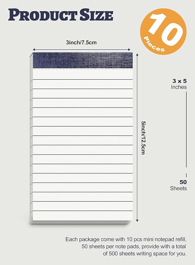 10 Pack Small Notepads Refills Memo Pads 3 x 5 Inch Tear off Notepad Lined Writing Note Pads with 50 Sheets Note Pad Paper in Each Pad Mini Pocket Notebook Refills for Taking Notes Reminders Blue
