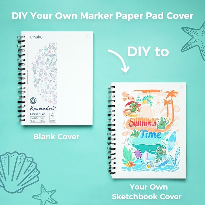 Ohuhu Double-Sided Marker Pad Art Sketchbook Bleedproof - 7"x10" Large Paper Size - 90 LB/150 GSM Smooth Drawing Paper - 60 Sheets/120 Pages - Spiral Bound Sketching Book for Alcohol Markers