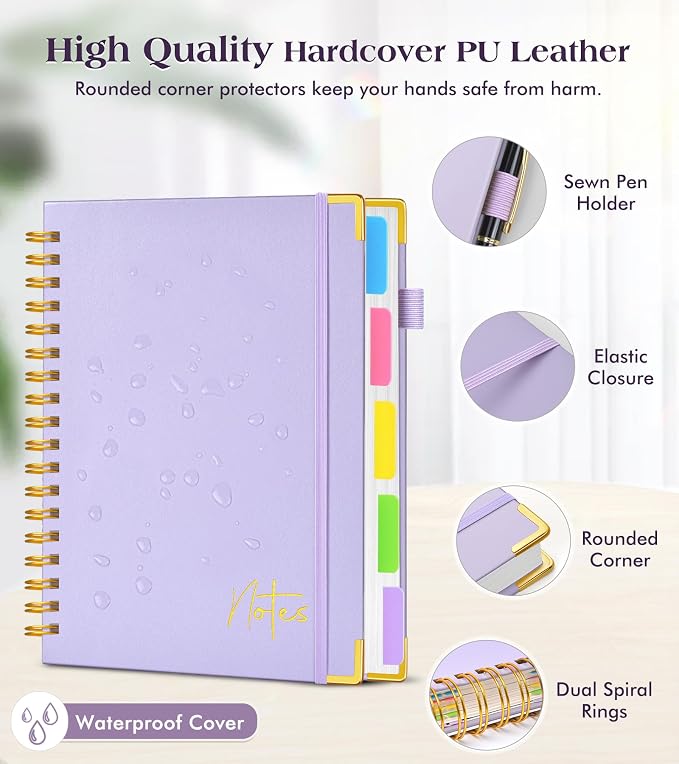 Spiral Notebook Journal with Removable Dividers Tabs, 300 Pages Hardcover Leather 5 Subject College Ruled Notebook, 6.1"x8.2" Large A5 Lined Journal for Women, Spiral Notebook for Work School, Purple