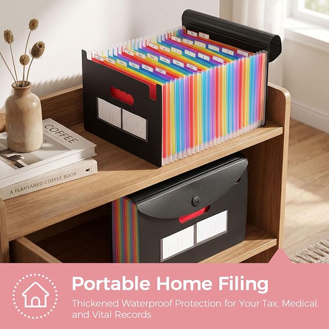 SKYDUE Accordion File Organizer with 26 Pockets & Label Stickers, Expanding File Folders Fit for A4 & Letter Size Paper, Multi-Functional Document Organizer for Home & Office File Management