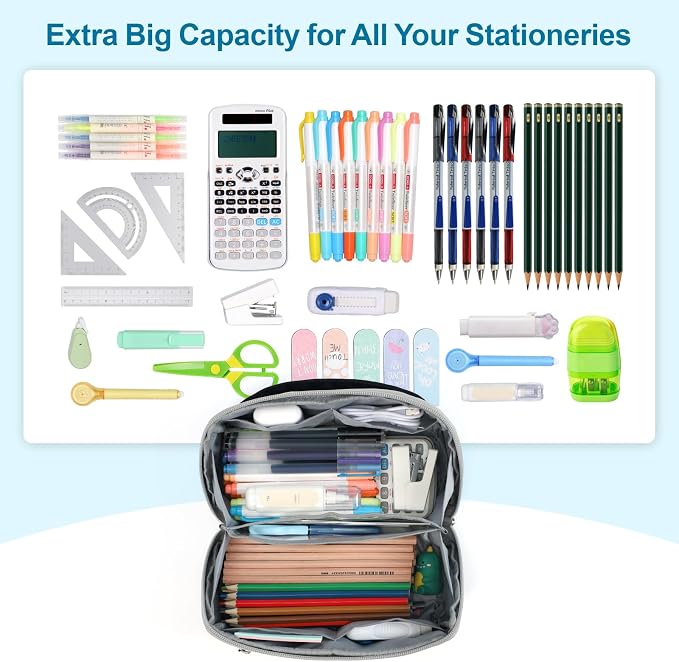 Large Capacity Pencil Case - Pencil Pouch for Teen Boys, Aesthetic Pouch Organizer with 8 Compartments, Wide Opening Marker Bag for Middle High School College, Fits Calculator, Black | Wide Open 8 Compartments, Flexible Dividers & Side Pockets, Handle,...