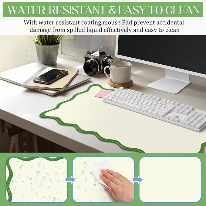 Hahafelt Scalloped Desk Mat Large Desk Pad Cute Coquette Table Mat Back to School Preppy Table Make up Pad Nonslip Graduation Gift with Stitching Waterproof Gaming(Green,31.5 x 15.8 Inches)