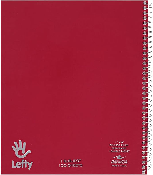 ROARING SPRING Lefty Spiral Notebook, Left-Handed One Subject Notebook, 11" x 9", 100 Sheets, College-Ruled, Perforated, Assorted Saranac Covers, Made in USA