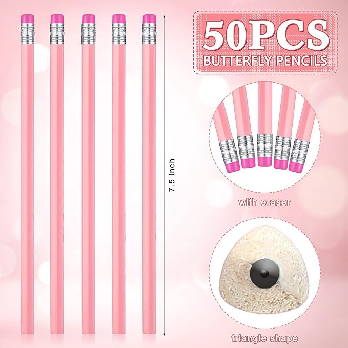 Tinlade 50 Pcs Pink Triangular Grip Pencils Back to School Wood Wedding Pencils HB Graphite Pencil Pack Eraser for Baby Shower Drawing Sketching Bridal Shower Office Supplies
