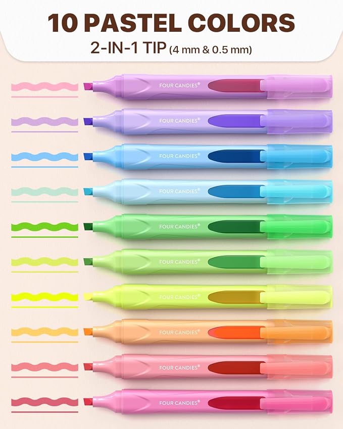 Four Candies Highlighters Assorted Colors, Classic Colors, 10 Count | Clear View Design, No-Bleed Ink, Soft Chisel Tip, Organizing, Journaling, Highlighting, Back to School Supplies