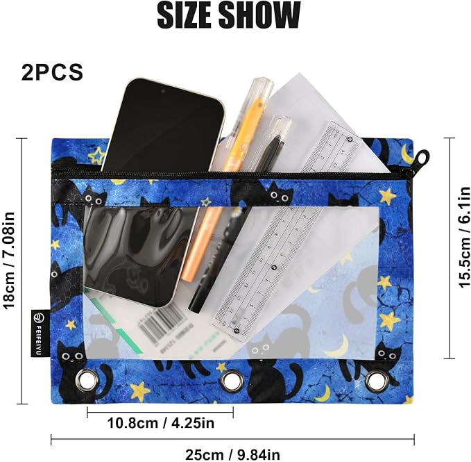 Cat Pencil Pouches for 3 Ring Binder 2 Pack | Binder Pencil Case With Zipper Reinforced GrommetsPencil Bags for Office Organizers