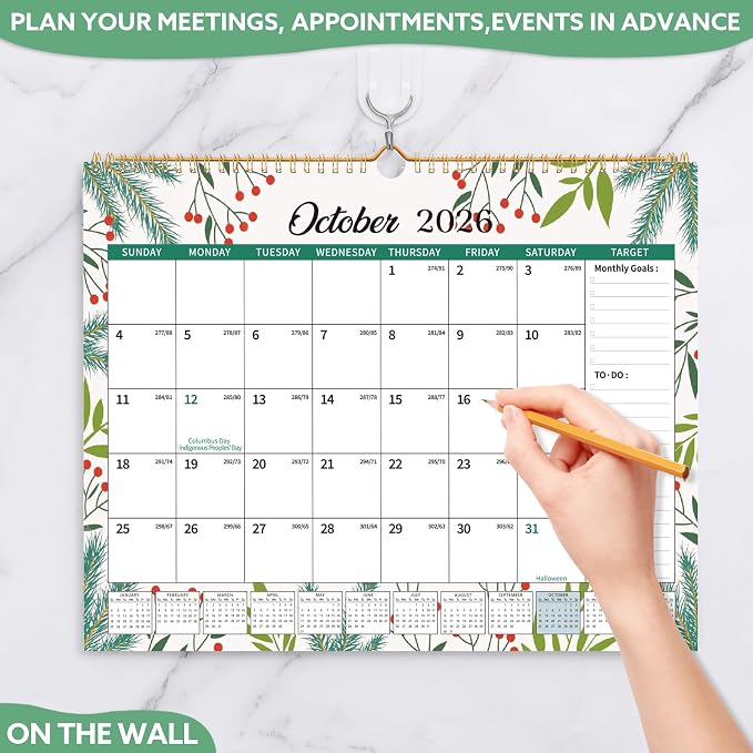 2026-2027 Wall Calendar, 14.5" x 11.8" 18 Month Green Leaves | July 2026-December 2027 120Gsm FSC-Certified Paper Monthly Calendar, Twin-Wire Binding, Ruled Blocks, Holiday Reference