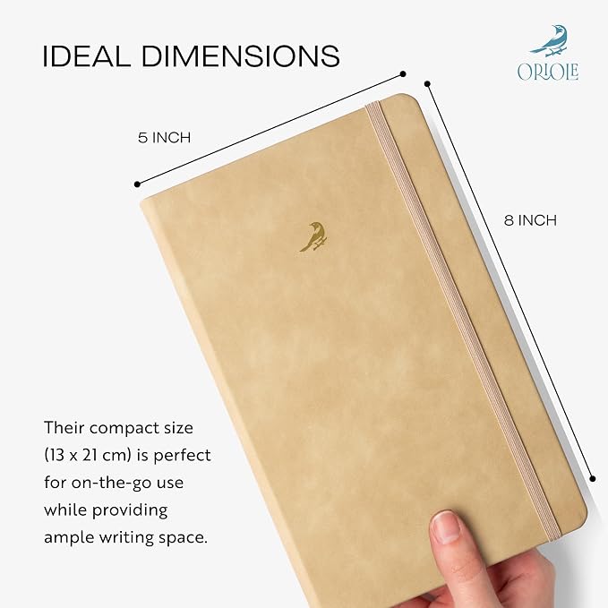 Oriole Vegan Leather Ruled Notebook - Walnut Cream | 176 Pages of Thick Lined Paper | Soft Touch Hardcover Journal (5 x 8 in) with Gold Foil Bird Design & Luxury Gift Box
