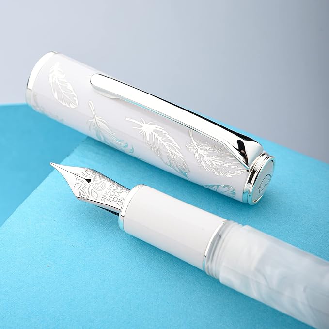 HONG DIAN N8 White Acrylic Resin Fountain Pen, Iridium Extra Fine Nib Silver Plated Feather Carving Cap Smooth Writing Pen with Converter and Metal Pen Box Set