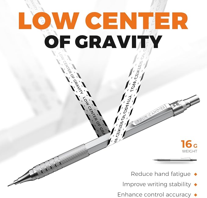 Four Candies Metal Mechanical Pencil Set, 4PCS 0.3, 0.5, 0.7, 0.9MM Mechanical Pencils & 2MM Drawing Pencil with 9 Tubes Lead Refills (4B 2B HB 2H Color) for Student Writing Artist Sketching - Silver