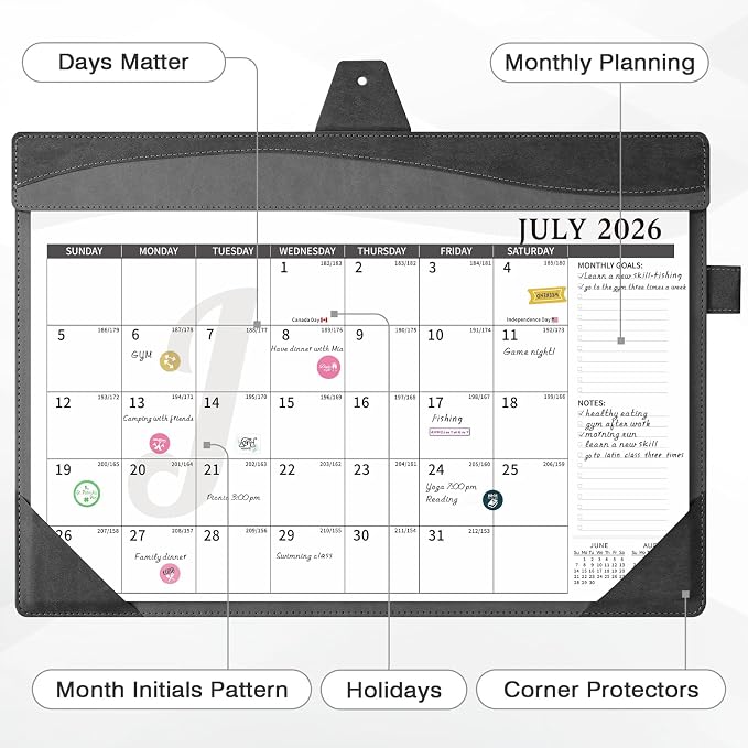 Ospelelf Leather Desk Calendar 2026-2027 Large 12"x17" Monthly Planner Pad with Protective Cover 18 Months Use July 2026 to December 2027 Black