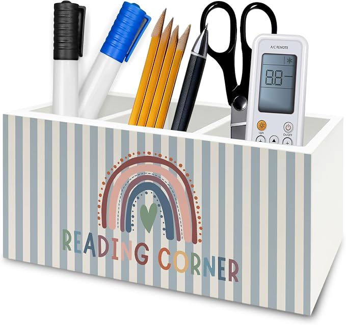 Reading Corner Decor Pen Pencil Holder Organizer for Desk, Boho Rainbow Bookish Wooden Box Signs Decorations for Reading Nook Room Library Desk Tabletop, Book Lover Reader Bookworm Gifts