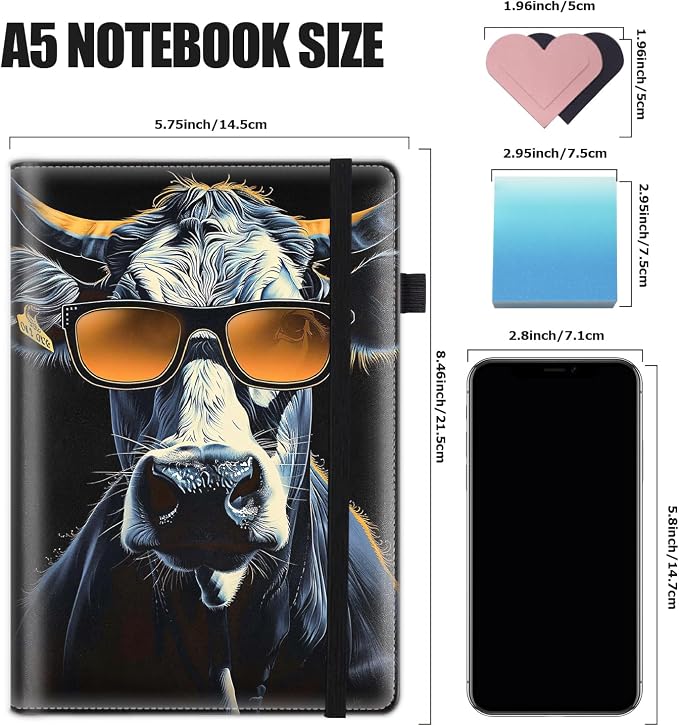 Hardcover Executive Notebooks, A5 PU Leather Lined Journal Notebook, 200 Pages Thick Paper Subject Notebooks for School,Work,Home Writing Business Notebook, Diary Book ，Cow Wearing Glasses