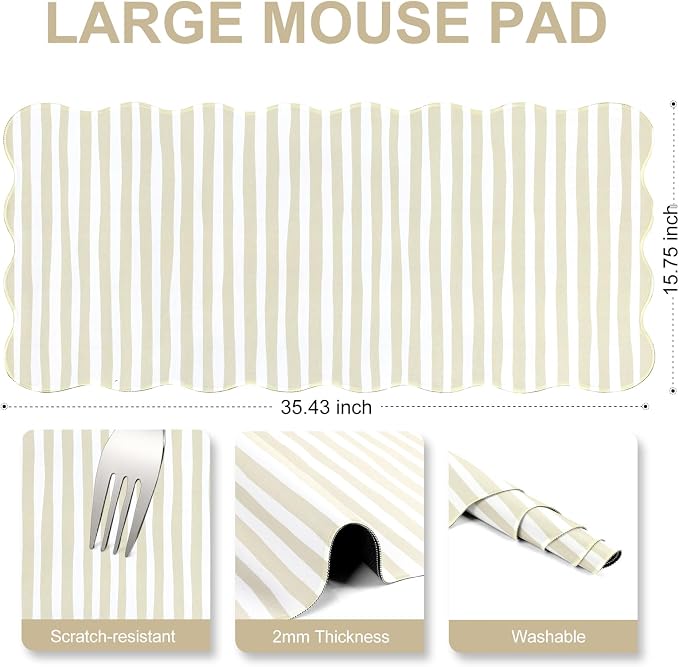 L-SPOUTTO Beige Striped Mouse Pad,Scalloped Desk Mat XXL Large Geometric Gaming Mousepad,35.4x15.7in Non-Slip Rubber Base Keyboard Pad Waterproof Desktop Mat for Laptop Computer Game Home Office