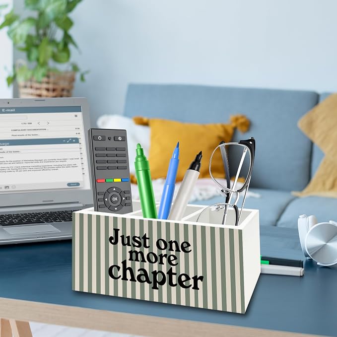 Book Lover Classroom Pen Pencil Holder Organizer for Desk, Just One More Chapter Bookish Striped Wooden Box Signs Decorations for Reading Nook Room Library Desk Tabletop, Book Lover Reader Gifts