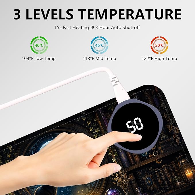 Large Heated Mouse Pad–23.6" x 14.2" Desk Mat for Office | 3 Adjustable Heat Levels,Auto Shut-Off After 3 Hours for Safety,Keeps Hands Warm While Working，Witchy Black Cat Library