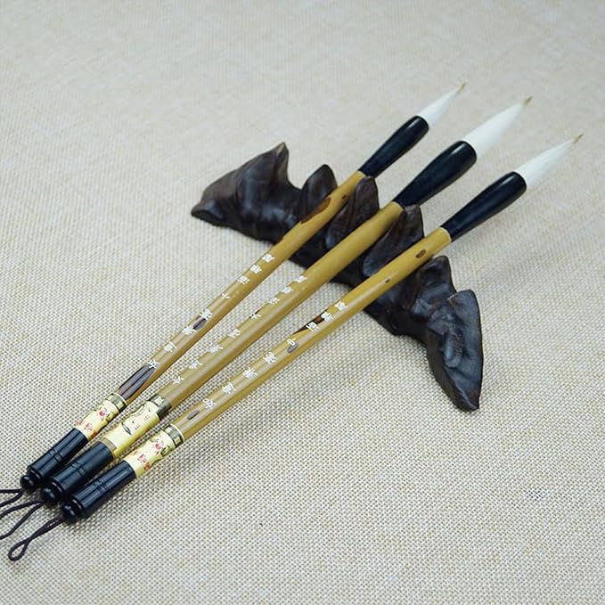Huakaile 3 Sizes Chinese Calligraphy Brush Set, Chinese Writing Brushes, Painting Brushes with Bamboo Pen Holder, Traditional Art Sumi Brush (Large, Medium, Small Size)
