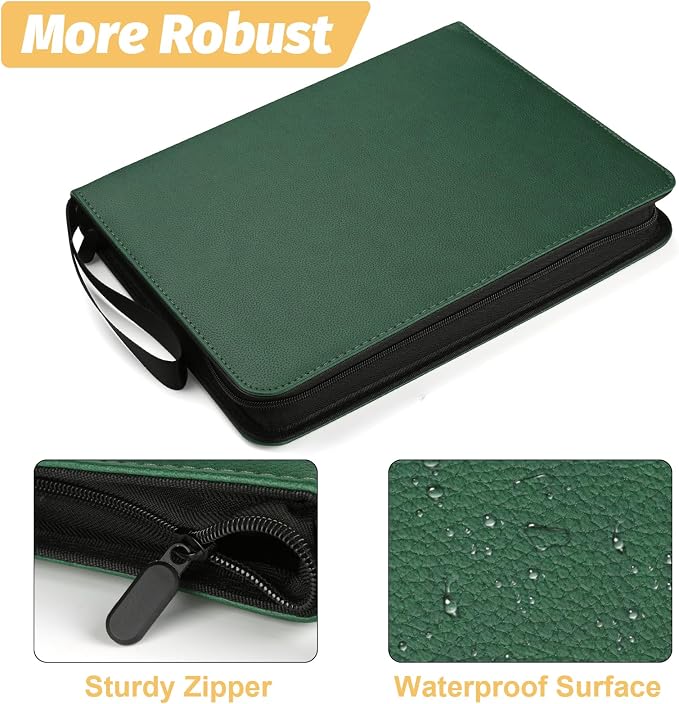 GERMUN 3 Ring 9 Pocket Zipper Card Binder, 720 Double Sided Standard PU Trading Card Album Folder for TCG & Sports Cards, Not Fit Top Loaders (dark green)