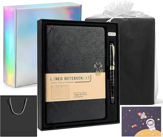 atokiss Business Black A5 Lined Notebook Gift Set with Metal Rollerball Pen | Waterproof Crinkle Paper Cover Journal, 100GSM Acid-Free Paper 160P, Great Value Gift Box for Gifting & Personal Use