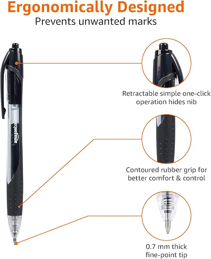 Amazon Basics Retractable Gel Ink Pens for Note-Taking and Office Writing, Fine Point 0.7mm, Smooth Writing, Black, 12-Pack