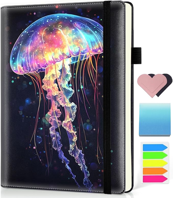 Hardcover Executive Notebooks, A5 PU Leather Lined Journal Notebook, 200 Pages Thick Paper Subject Notebooks for School,Work,Home Writing Business Notebook, Diary Book ，Colorful Jellyfish 2