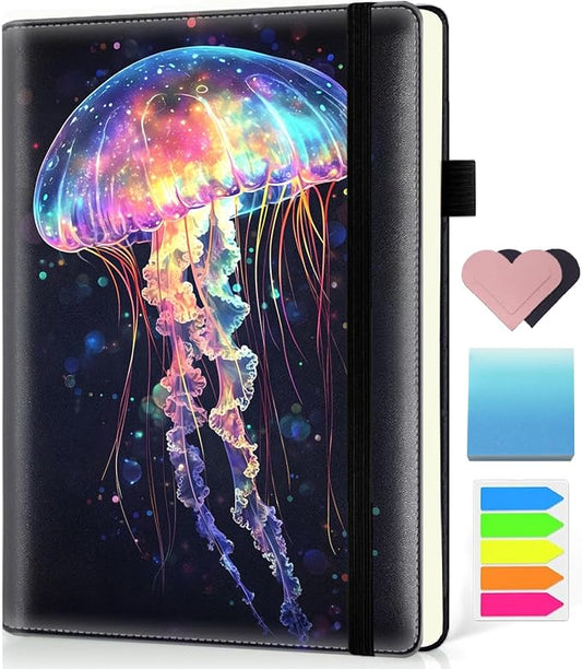 Hardcover Executive Notebooks, A5 PU Leather Lined Journal Notebook, 200 Pages Thick Paper Subject Notebooks for School,Work,Home Writing Business Notebook, Diary Book ，Colorful Jellyfish 2