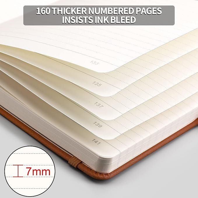 AHGXG Lined Journal Notebook, 320 Numbered Pages, A5 (5.75'' X 8.38'') | Thick Lined Notebook for Note Taking, 100GSM Paper, Leather Hardcover, for Women Men (Brown)