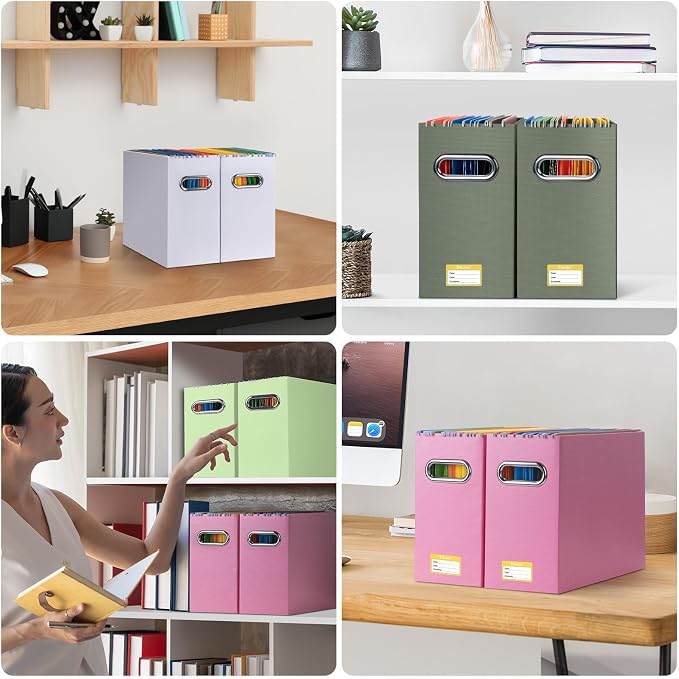 BALEINE File Organizer Box, Cardboard File Folder Organizer with Handle for Letter Size, Portable Collapsible Hanging Filing Box for Home Office Document Storage (4 Pack,Olive)