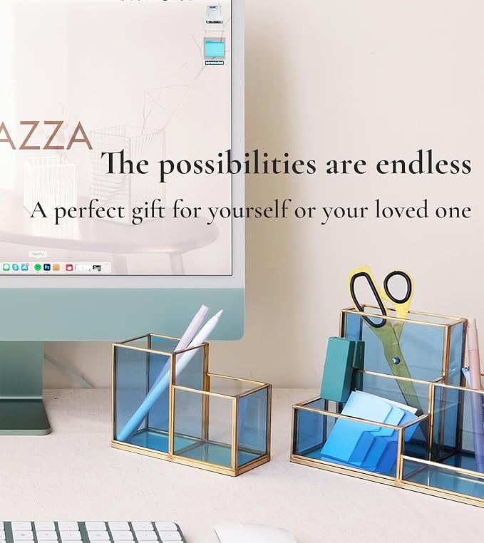 FONDAZZA Gold & Blue Glass Desk Organizer - Elegant Office Decor, Aesthetic Makeup Brush Holder, 2-Compartment Pen Holder, Pencil Cup, Vanity & Cosmetic Storage, Desk Accessories for Women