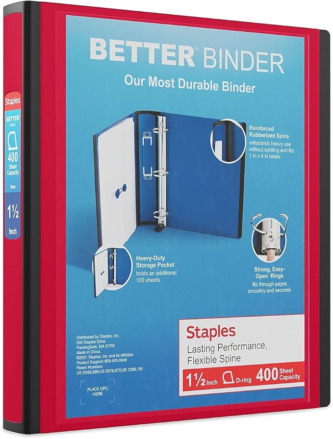 Staples Better Binder 1.5-Inch D-Ring View Binder, Reinforced Spine, Holds Up to 350 Sheets, Red, for Office & School