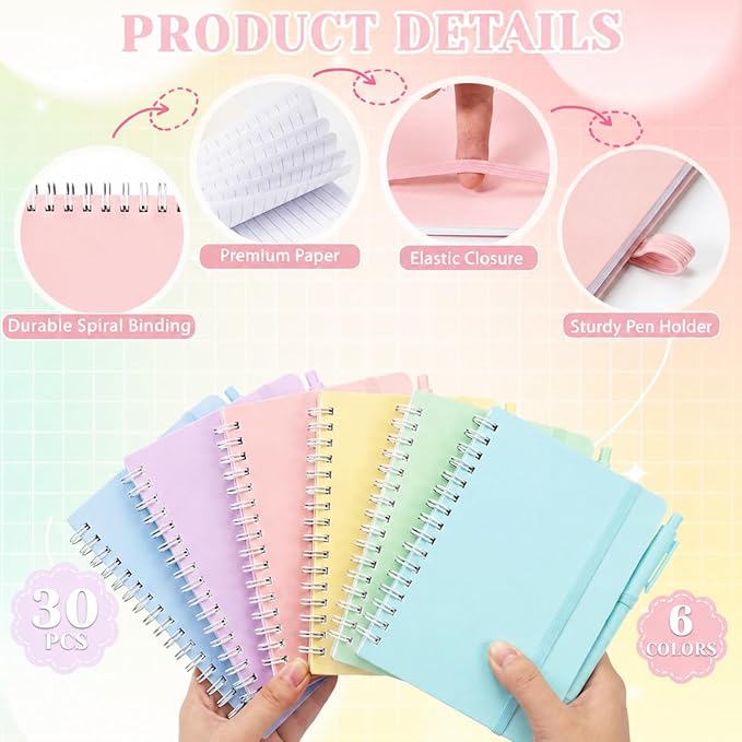Fulmoon 30 Set Small Spiral Notebooks A6 with Pens Bulk, Multicolor 4" x 6" Pocket Notebooks Mini Lined Journals 50 Sheets for Back to School Supplies Students Rewards Office Gifts (Dream Pastels)