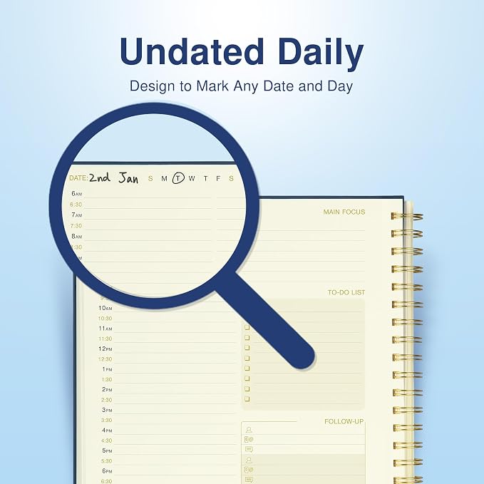 AuroPlanner Undated Daily Planner To Do List Hourly Schedule 2028 2027 2026 Calendar & Holiday Habit Tracker 180 Pages Letter Size 8.5" x 11" Sheets Hardcover Spiral Bound Notebook (Navy Blue)