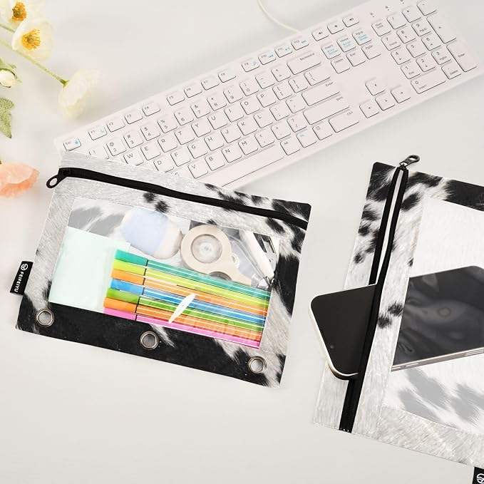 Cow Skin Print Pencil Pouch Fits Standard 3-Ring Binders, Zipper Binder Pencil Bag with Clear Window for Class Office 2 Pack