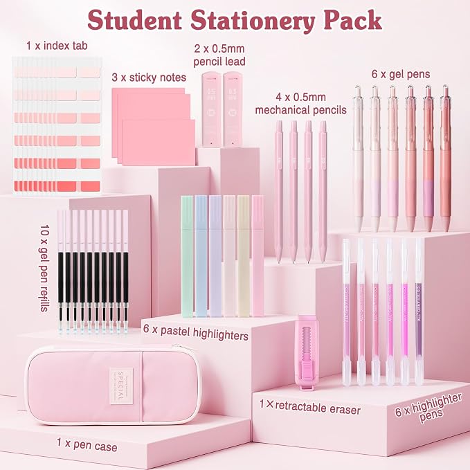 MoKo Pencil Case with Supplies, 49Pcs Aesthetic School Set, Pink | Includes gel pens, highlighters, 0.5 mm mechanical pencils and refills, an eraser, sticky notes and index tabs.