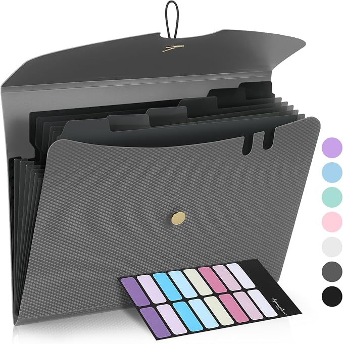 Sooez 7 Pocket Accordion File Organizer, Premium Expanding File Folder, Letter Size Folders for Documents, Sleek Filing Folders with Bungee Closure, Portable Folders for School Office Supplies, Grey
