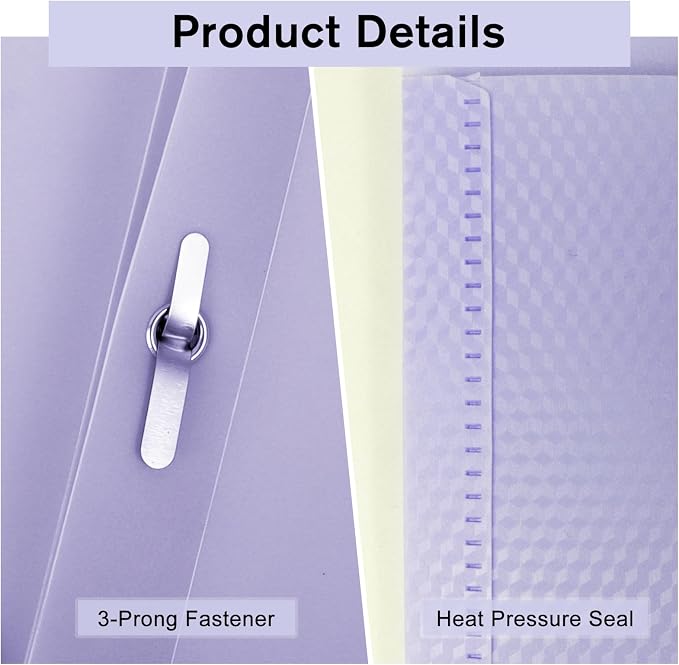 6-Pack Plastic andPockets and Prongs,2-Pocket and3 Fasteners, Pastel Folders Holds 8-1/2" x 11" Paper for School/Office/Home, Purple