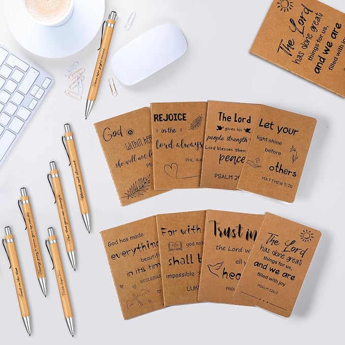 Funrous 32 Pcs Motivational Quote Pens Inspirational Notepads Mini Journal with Ballpoint Pen Small Notebooks Gift for Men Women Coworker Adult Party Favors Prize Teacher Student Office(Bible)