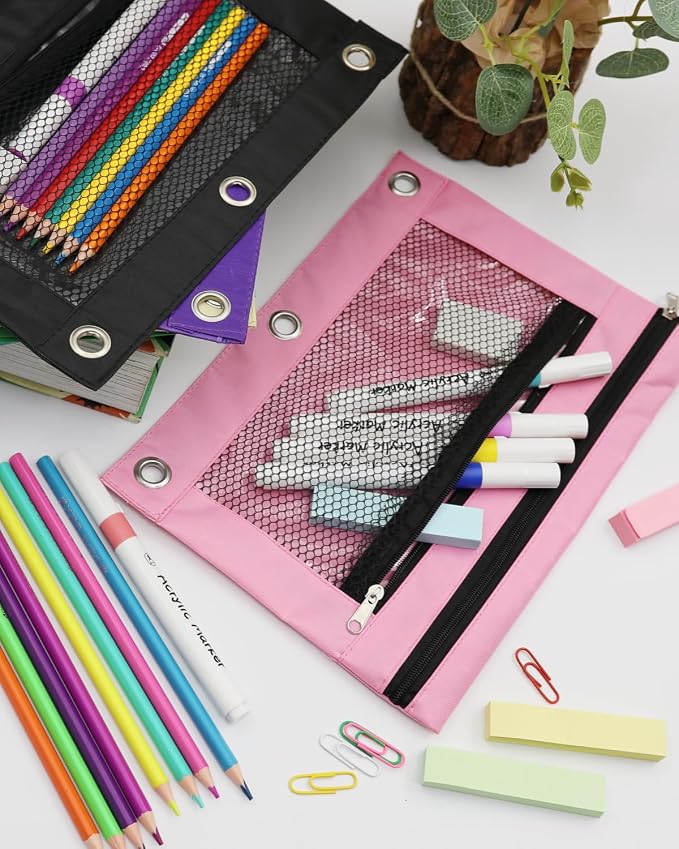 3 Ring Binder Pencil Pouch - Oxford Fabric Pencil Case with 2 Zippered Pockets, Clear Mesh Window Pencil Bag, B5 Size for Office & Travel Supplies (Pink)
