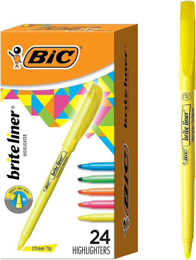 BIC Brite Liner Highlighter Set, Chisel Tip, School Supplies for Students and Teachers, for Notes and Textbooks, 24-Count Pack in Assorted Colors