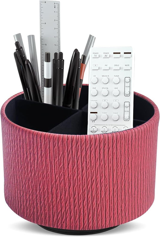 Round Leather Art Supply Organizer,Remote Control Holder,360 Degree Spinning,Multi-Functional Pencil Holder,4 Compartments Desktop Stationary Organizer(1-Wood Red)