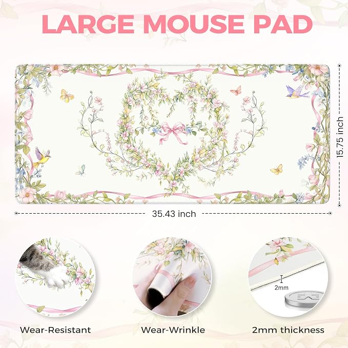 iCasso Desk Matt for Desktop,Cute Desk Pad White,Anti-Slip Large Gaming Mousepad XXL,Soft Lycra Surface Computer Mat Women,Girly Keyboard Pad for Home Office