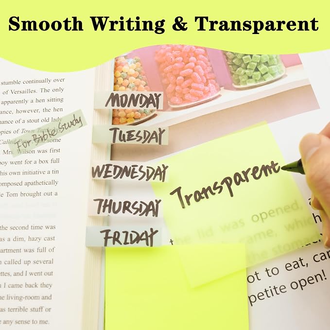 YOUDEFUL 800Pcs Transparent Sticky Notes, Bright Yellow Clear Sticky Notes, 3"x3" Waterproof Translucent Sticky Note Pads, Index Tabs, Clear Post it Notes for Bible Study, See Through Sticky Notes