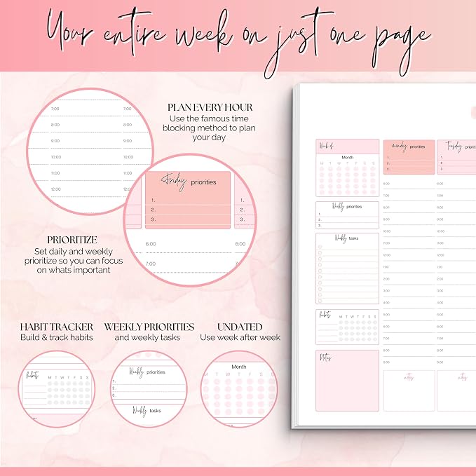 Weekly Hourly Planner Notepad, Daily Planner Desk Pad, Weekly Schedule, To Do List Note Pad, ADHD Planner | 50 Undated Tear Away Sheets | A4 (Pink)